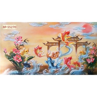 Tranh dán tường cá chép vượt vũ môn, tranh cá chép hóa rồng, tranh được in trên chất liệu vải lụa(shop tặng kèm keo dán)
