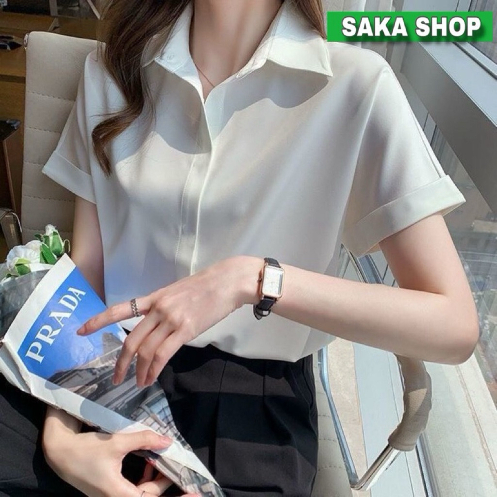 Áo sơ mi trắng tay ngắn nữ giấu nút from rộng