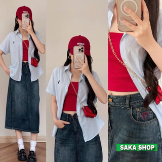 Áo sơ mi sọc from rộng nữ ngắn tay giấu nút thêu ngựa