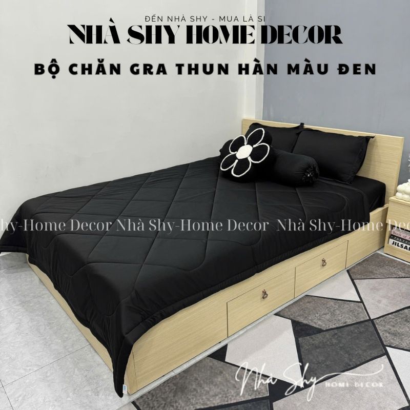 Trọn Bộ Chăn Ga Gối 5 Món Thun Hàn Quốc Trơn Màu Đen - Chất Thun Mát Lạnh  - TH13 - Nhà Shy Home Decor