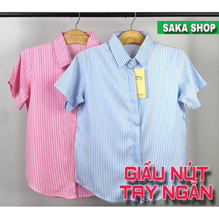 Áo sơ mi sọc from rộng nữ ngắn tay giấu nút