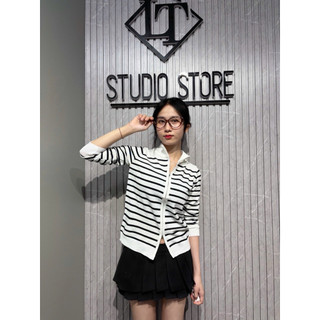 LT - Áo len khoá kéo hai đầu, len dài tay thu đông kẻ sọc ngang len dày cổ trụ free size 1313