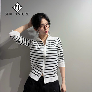 LT - Áo len khoá kéo hai đầu, len dài tay thu đông kẻ sọc ngang len dày cổ trụ free size 1313
