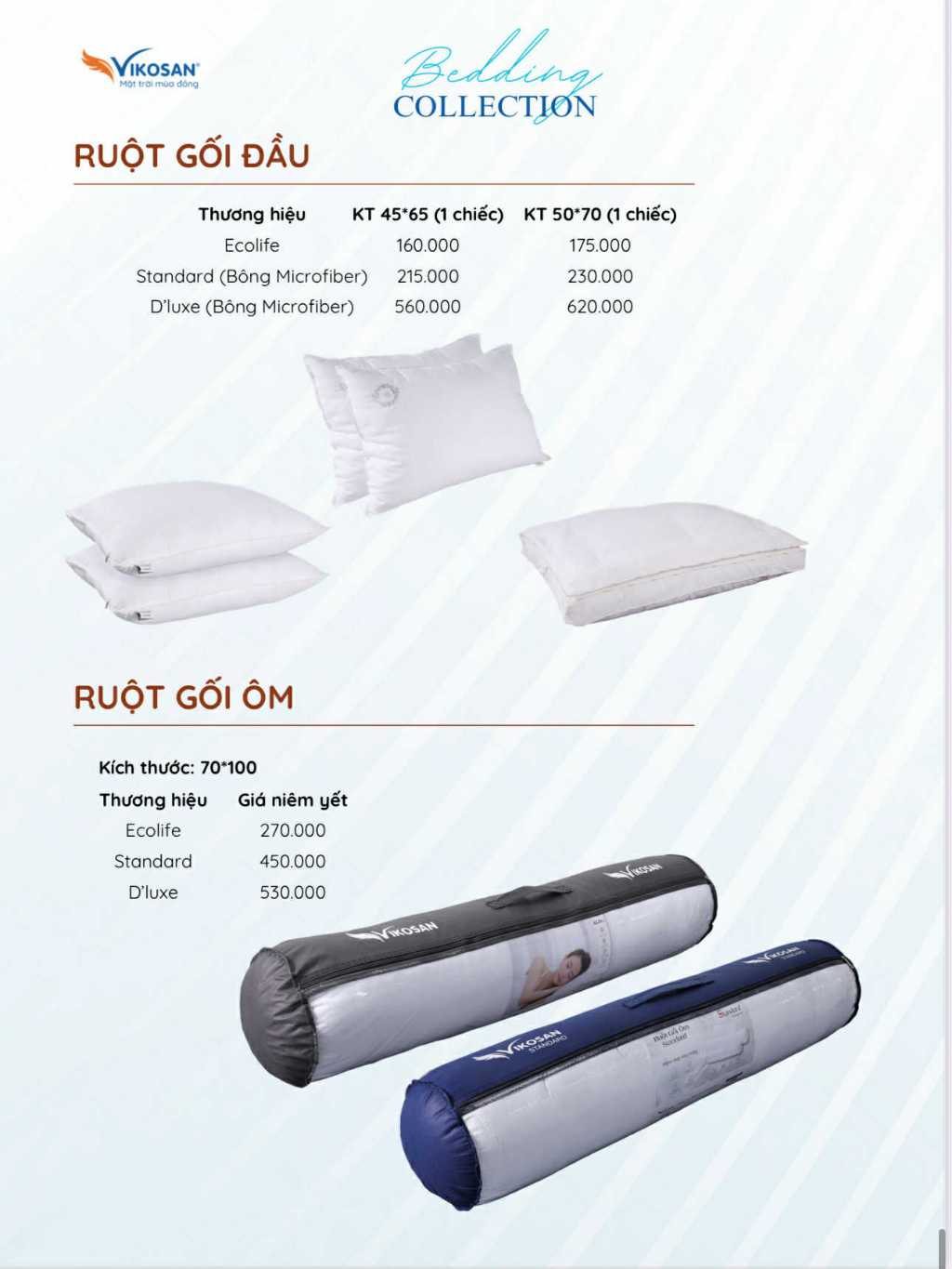 Ruột gối ôm VIKOSAN chính hãng 35x100cm bo tròn 2 đầu, chất lượng cao, thoải mái cho giấc ngủ.