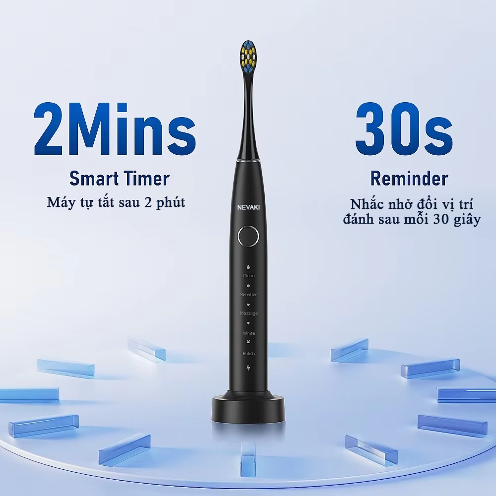 Bàn chải đánh răng điện NEVAKI X600 công nghệ sóng siêu âm với 6 đầu bàn chải thay thế sạc không dây