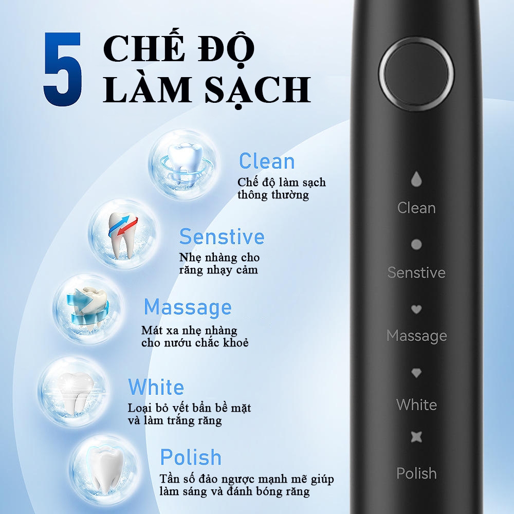 Bàn chải đánh răng điện NEVAKI X600 công nghệ sóng siêu âm với 6 đầu bàn chải thay thế sạc không dây