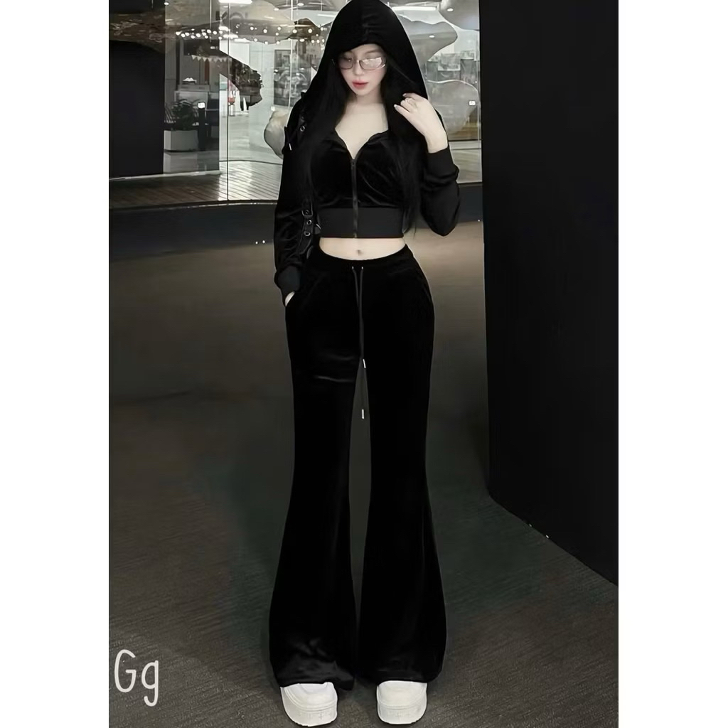 L888- sét bộ nhung cao cấp, sét nhung trơn croptop dây kéo có nón mix quần loe dáng dài (38-55kg) tặng kèm áo ống