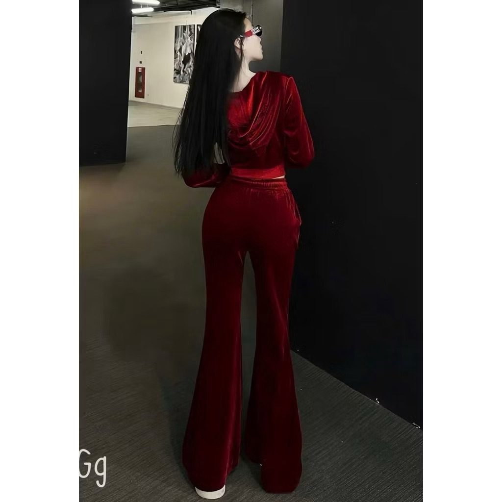 L888- sét bộ nhung cao cấp, sét nhung trơn croptop dây kéo có nón mix quần loe dáng dài (38-55kg) tặng kèm áo ống