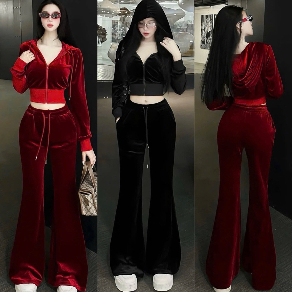 L888- sét bộ nhung cao cấp, sét nhung trơn croptop dây kéo có nón mix quần loe dáng dài (38-55kg) tặng kèm áo ống