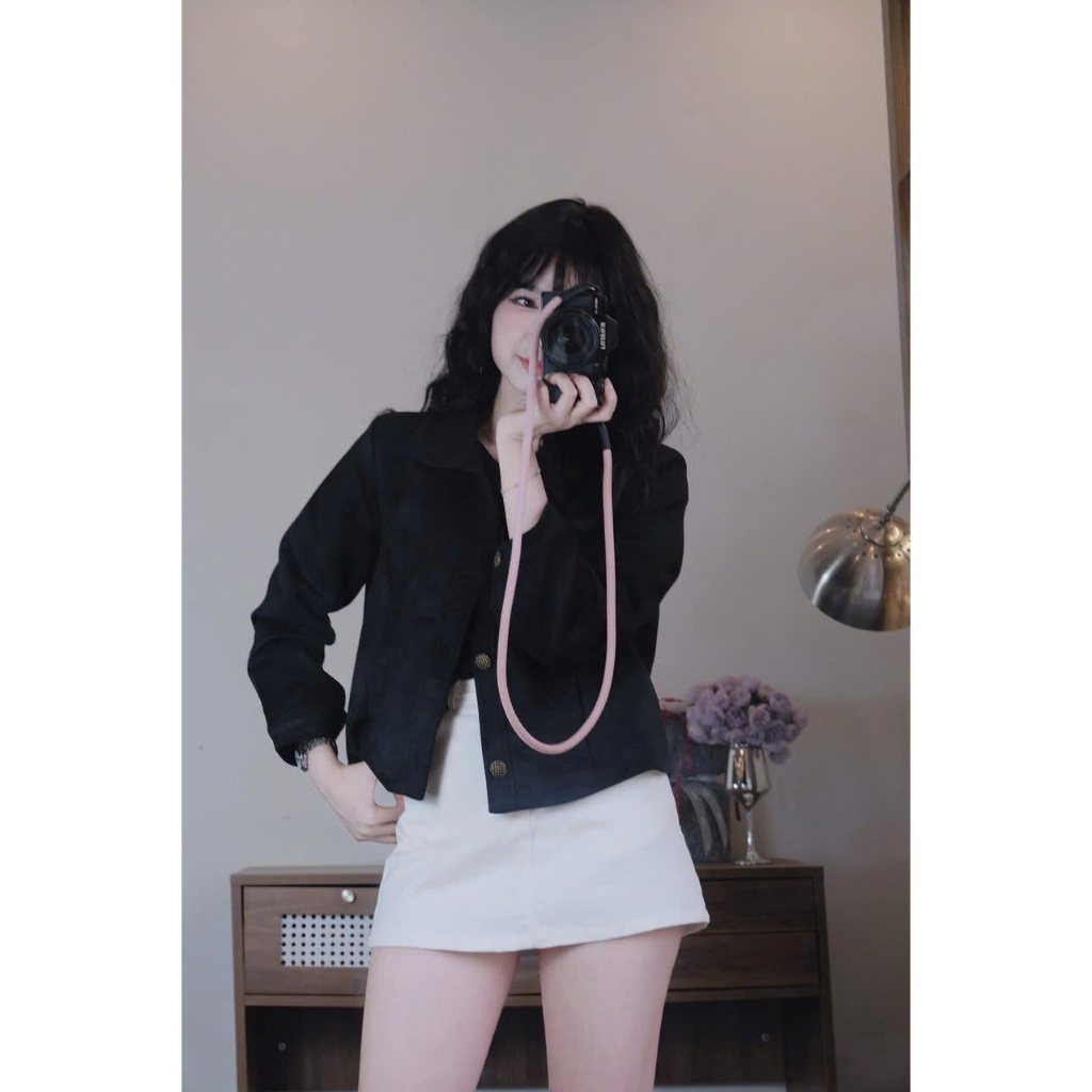 Áo khoác da lộn hai lớp cúc đồng dáng crotop, áo khoác mùa đông siêu xinh MUZA K02