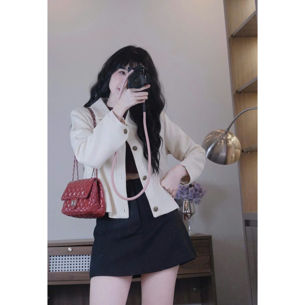 Áo khoác da lộn hai lớp cúc đồng dáng crotop, áo khoác mùa đông siêu xinh MUZA K02