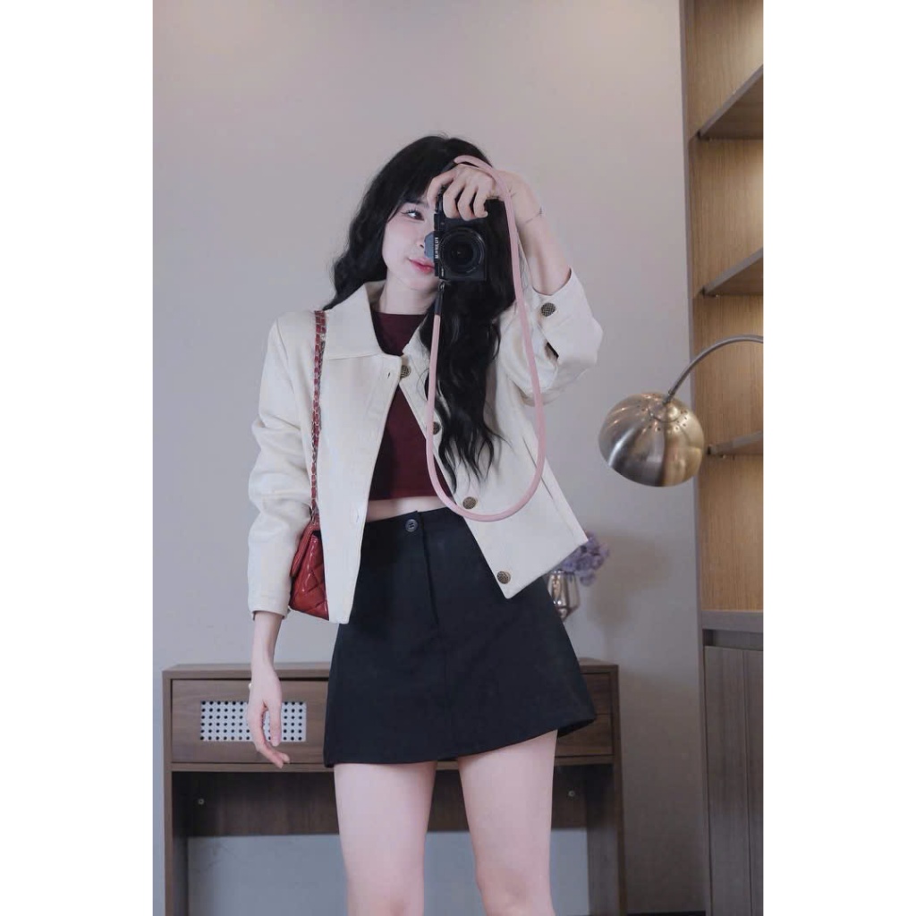 Áo khoác da lộn hai lớp cúc đồng dáng crotop, áo khoác mùa đông siêu xinh MUZA K02