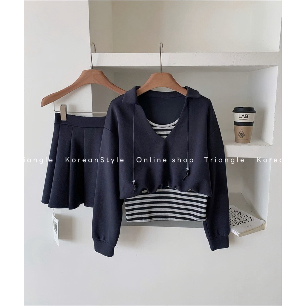 TRIANGLE - Saturday Set (Cân nhắc kỹ, return is not welcomed)- Set áo dài tay mix chân váy ngắn xếp li chất dày dặn