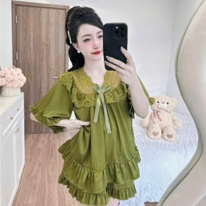 Bộ Đồ Ngủ Babydoll Cổ Ren Hoa Chất Vải Lụa Latin CL