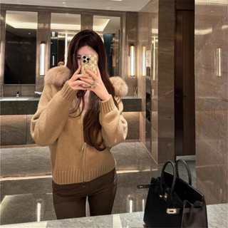 Áo Khoác Len Cardigan dài tay kèm Mũ Lông phong cách thu đông