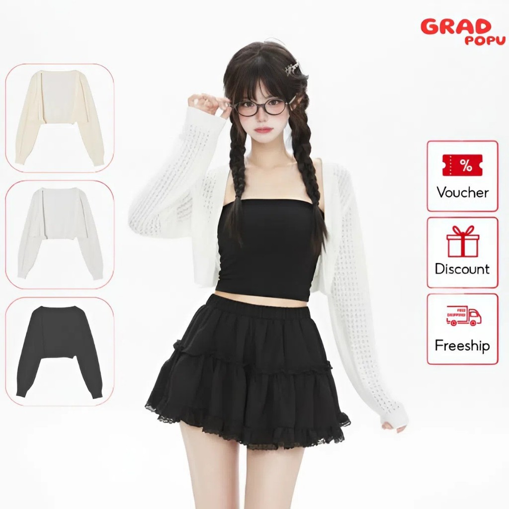 Áo cardigan nữ dệt kim GRADPOPU dáng ngắn form rộng khoác ngoài mỏng mát kiểu Hàn dễ phối đồ AK236