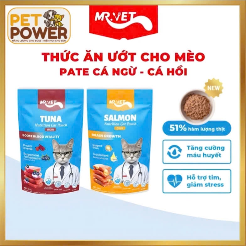 Pate Mr.Vet cho mèo bổ sung Vitamin, L-Lysine, Omega3, Sắt, DHA phù hợp mèo mọi lứa tuổi 70g