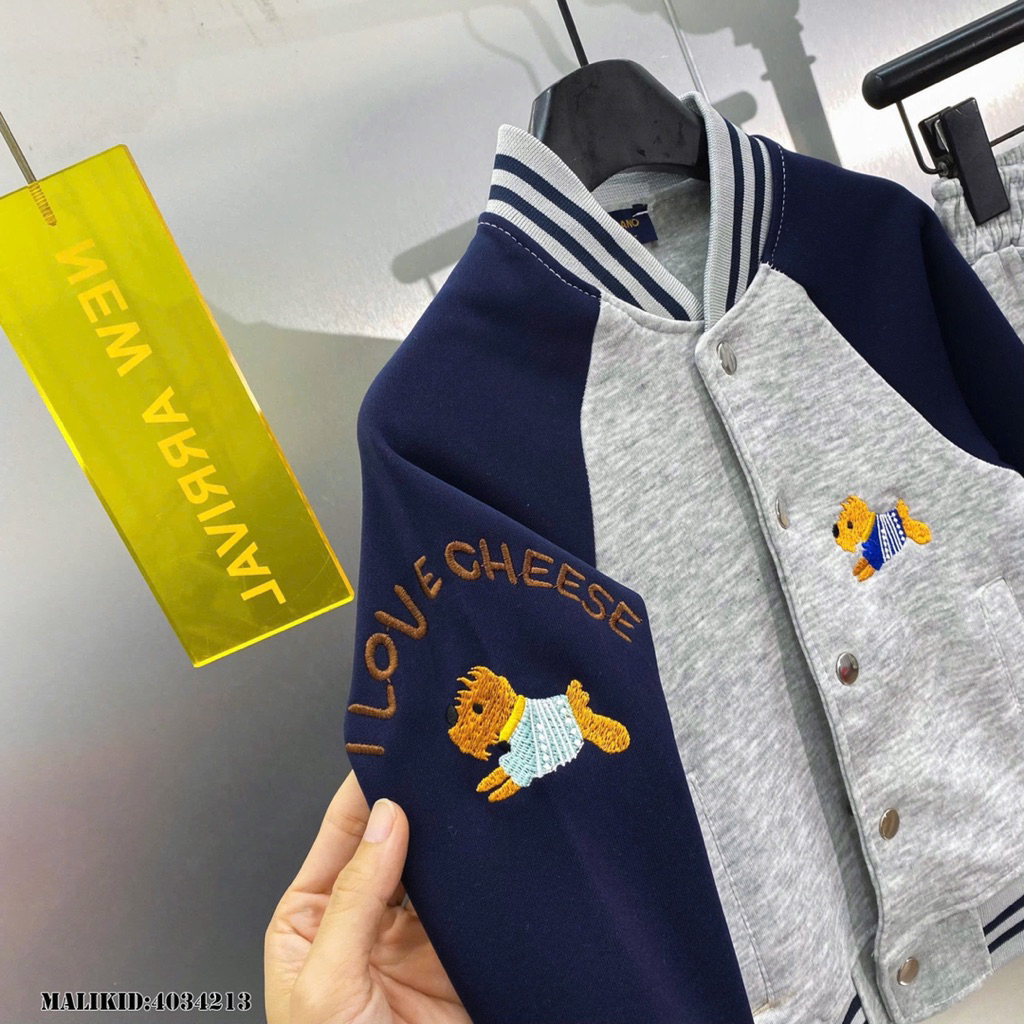 Bộ Nỉ Bé Trai Thêu Hình Trước Ngực Siêu Đẹp - Bộ Nỉ Bé Trai Áo Bomber Phối Màu Thêu Hình Cao Cấp
