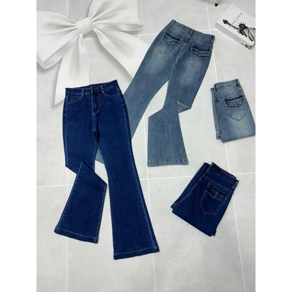 Quần Jeans Nữ, Quần Bò Nữ Ống Loe phối túi hộp lưng cao co giãn