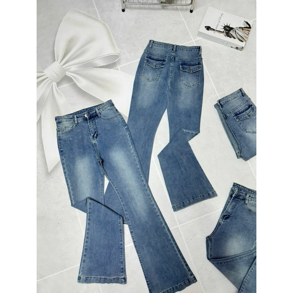 Quần Jeans Nữ, Quần Bò Nữ Ống Loe phối túi hộp lưng cao co giãn