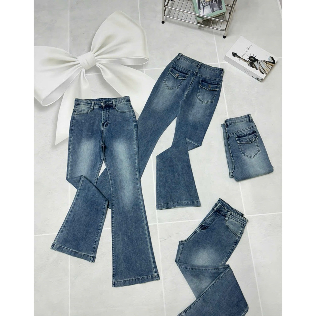 Quần Jeans Nữ, Quần Bò Nữ Ống Loe phối túi hộp lưng cao co giãn