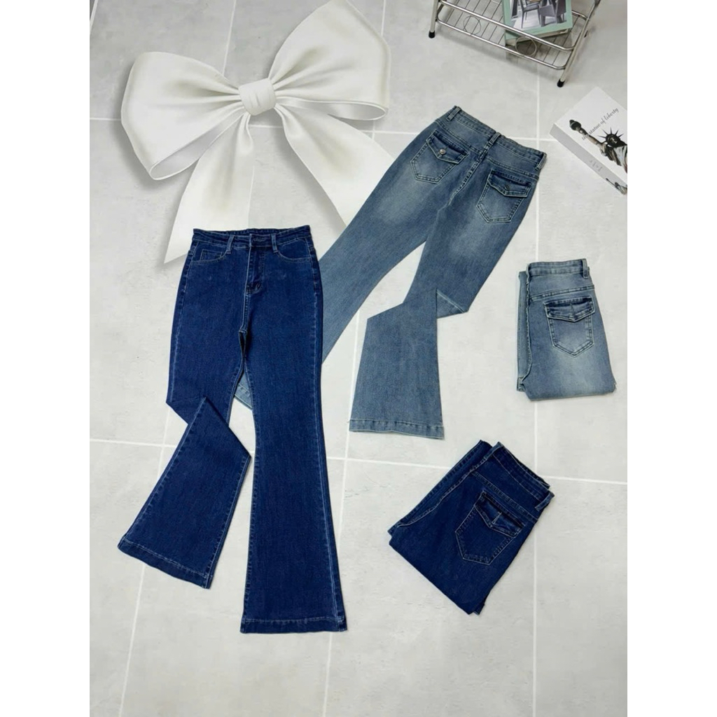 Quần Jeans Nữ, Quần Bò Nữ Ống Loe phối túi hộp lưng cao co giãn