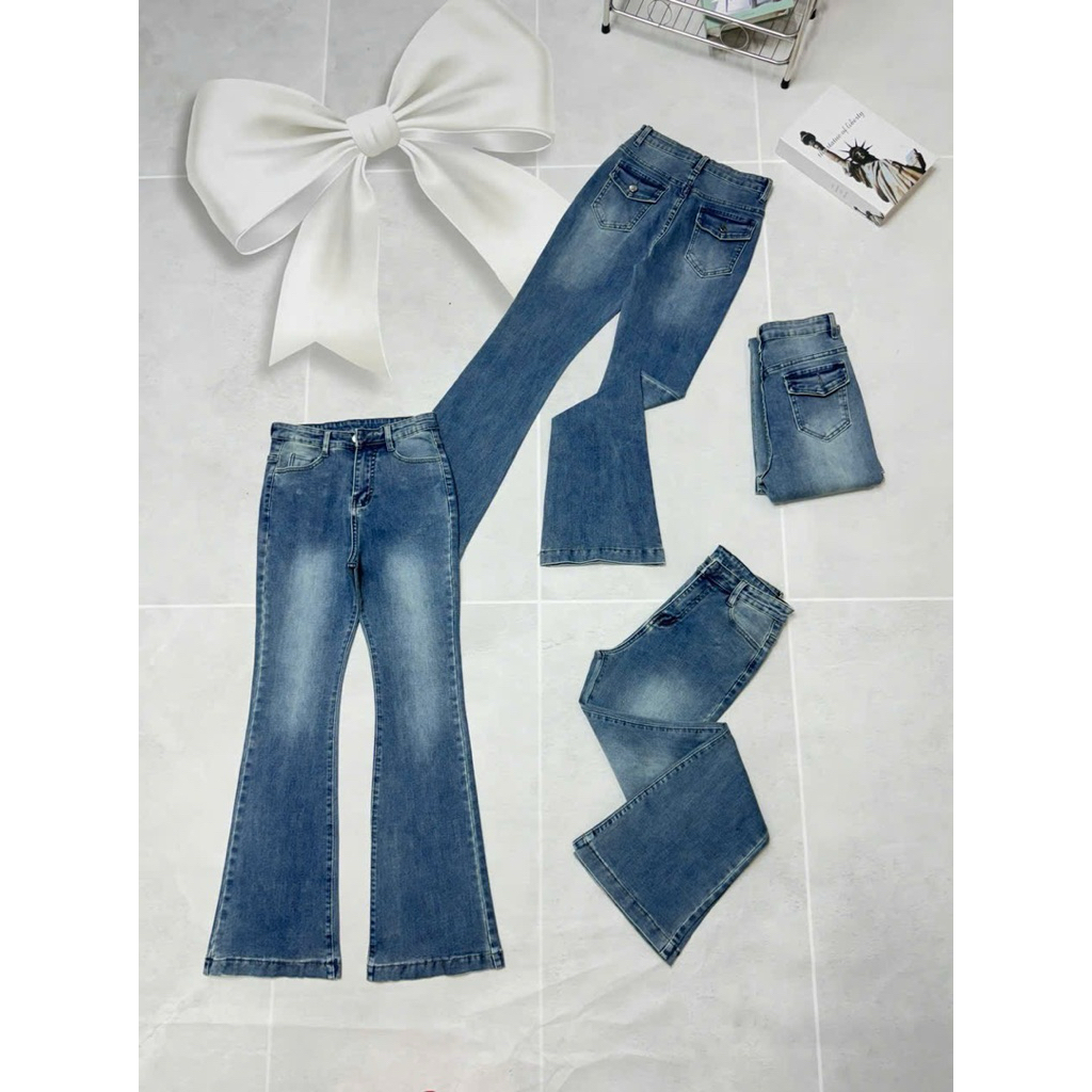 Quần Jeans Nữ, Quần Bò Nữ Ống Loe phối túi hộp lưng cao co giãn