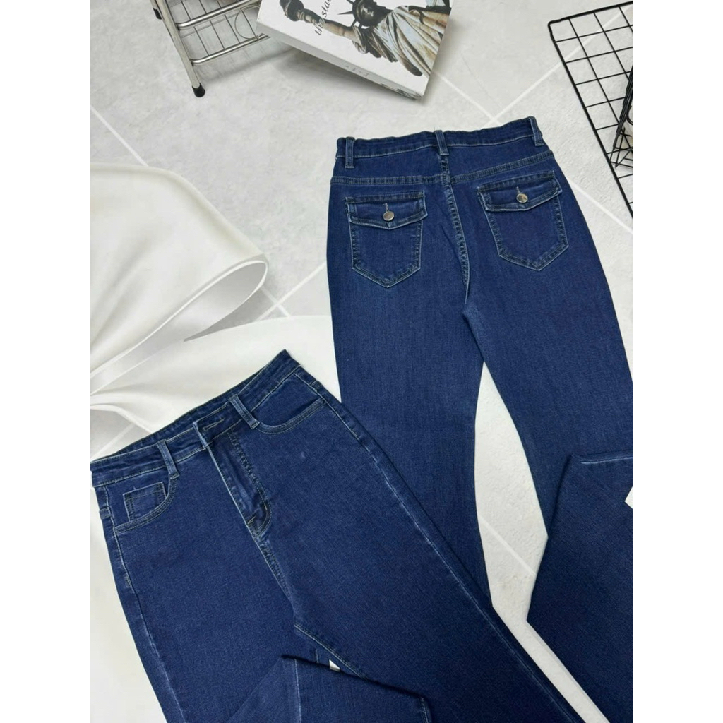 Quần Jeans Nữ, Quần Bò Nữ Ống Loe phối túi hộp lưng cao co giãn