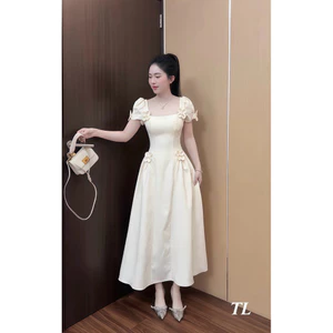 VÁY CỔ VUÔNG TAY CỘC ĐÍNH HOA DÁNG XOÈ DÀI 2 MÀU ĐẦM XOÈ DÀI ĐÍNH HOA ĐI TIỆC ĐI CHƠI SANG CHẢNH V84