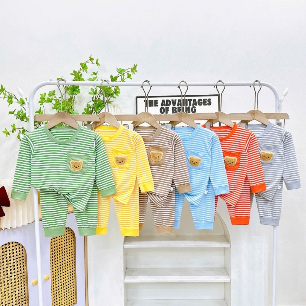 combo 3-6b Bộ thun lạnh dài tay sọc dệt có túi hình gấu cho bé từ 6-24kg