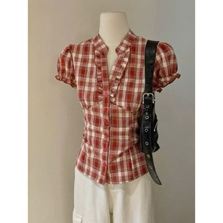 Áo sơ mi nữ cổ trụ vintage tay ngắn nhấn eo bèo nhún caro màu đen đỏ VANISA CT468