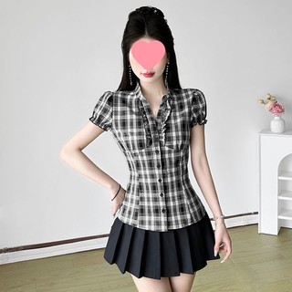 Áo sơ mi nữ cổ trụ cách điệu caro vintage tay ngắn phối bèo màu đen đỏ VANISA CT468