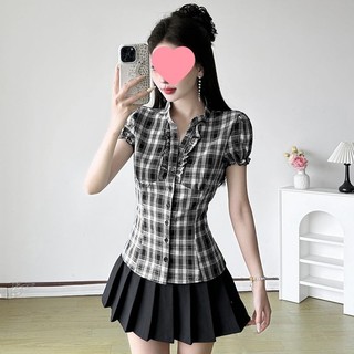 Áo sơ mi nữ cổ trụ cách điệu caro vintage tay ngắn phối bèo màu đen đỏ VANISA CT468