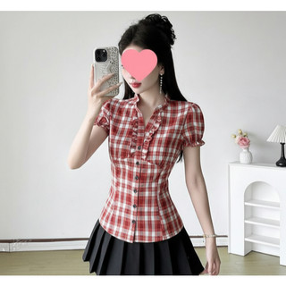 Áo sơ mi nữ cổ trụ vintage tay ngắn nhấn eo bèo nhún caro màu đen đỏ VANISA CT468