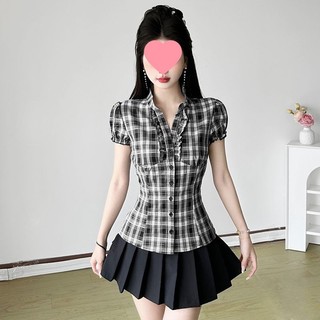 Áo sơ mi nữ form ôm nhẹ cổ trụ bèo nhún tay bồng caro đẹp màu đen đỏ VANISA CT468