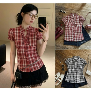 Áo sơ mi nữ cổ trụ vintage tay ngắn nhấn eo bèo nhún caro màu đen đỏ VANISA CT468