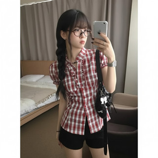 Áo sơ mi nữ cổ trụ vintage tay ngắn nhấn eo bèo nhún caro màu đen đỏ VANISA CT468