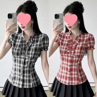 Áo sơ mi nữ form ôm nhẹ cổ trụ bèo nhún tay bồng caro đẹp màu đen đỏ VANISA CT468