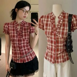 Áo sơ mi nữ cổ trụ vintage tay ngắn nhấn eo bèo nhún caro màu đen đỏ VANISA CT468