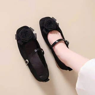 [FORM RÔNG LÙI 1 SIZE] Giày Mary Jane Nữ Da Lộn Đính Hoa Hồng Đế Thấp Đi Êm Chân L810