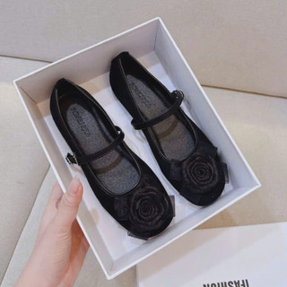 [FORM RÔNG LÙI 1 SIZE] Giày Búp Bê Hoa Hồng Nữ Đế Bệt Chất Da Lộn Phong Cách Cổ Điển Hàn Quốc L810