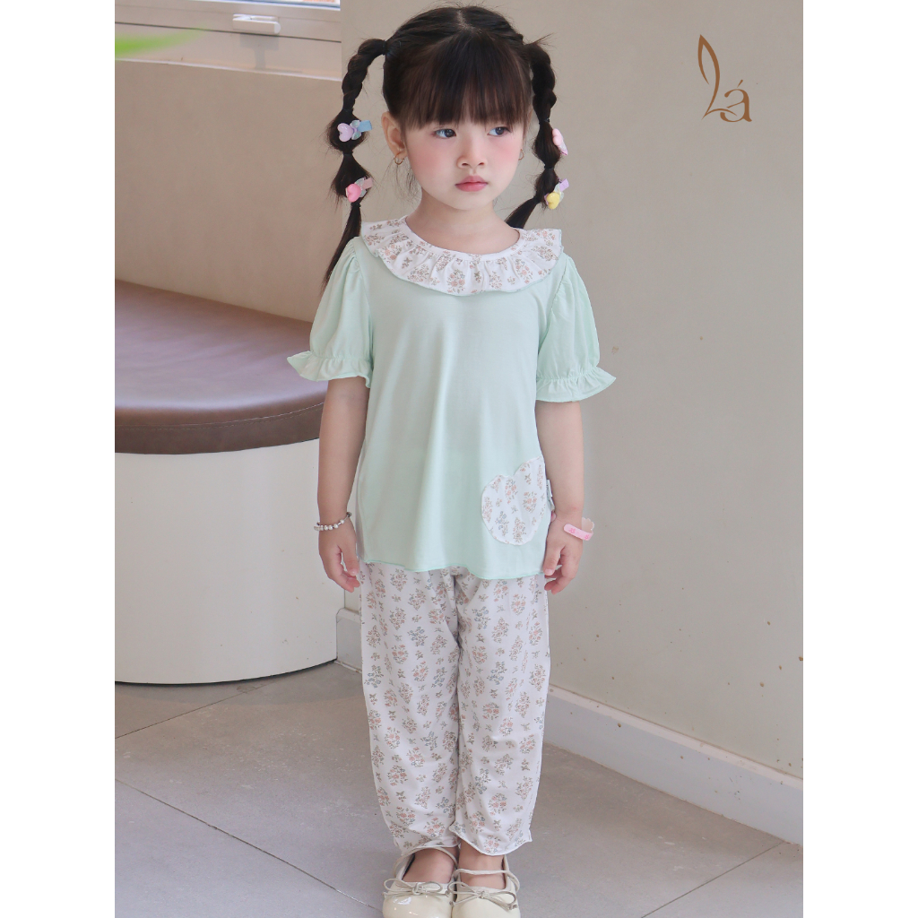Bộ tay ngắn quần dài cho bé gái 95% sợi sồi Modal Ice Cool Lá Homewear A332, đồ ngủ cộc tay hoa nhí dễ thương