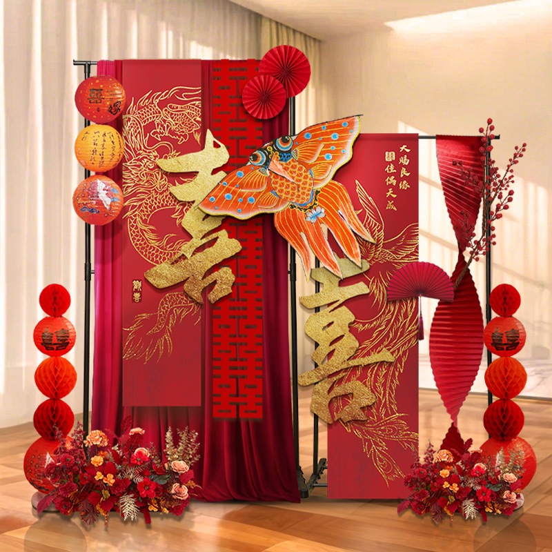 Set trang trí đám cưới, trang trí phòng cưới phong cách truyền thống màu đỏ may mắn - K336