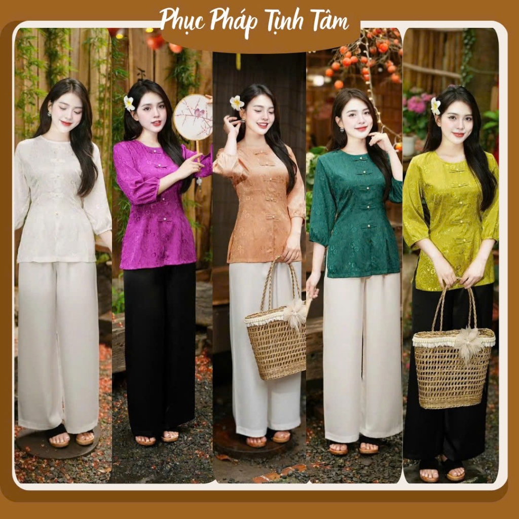 Đồ lam đi chùa cho nữ bộ pháp phục cổ tròn thêu hoa tiết phù hợp đi chùa- Mã áo lẻ