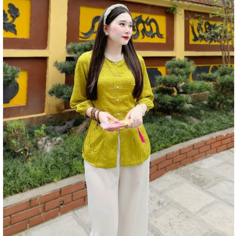 Đồ lam đi chùa cho nữ bộ pháp phục cổ tròn thêu hoa tiết phù hợp đi chùa- Mã áo lẻ