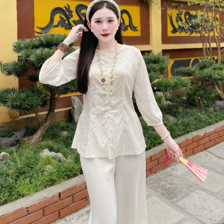 Đồ lam đi chùa cho nữ bộ pháp phục cổ tròn thêu hoa tiết phù hợp đi chùa- Mã áo lẻ