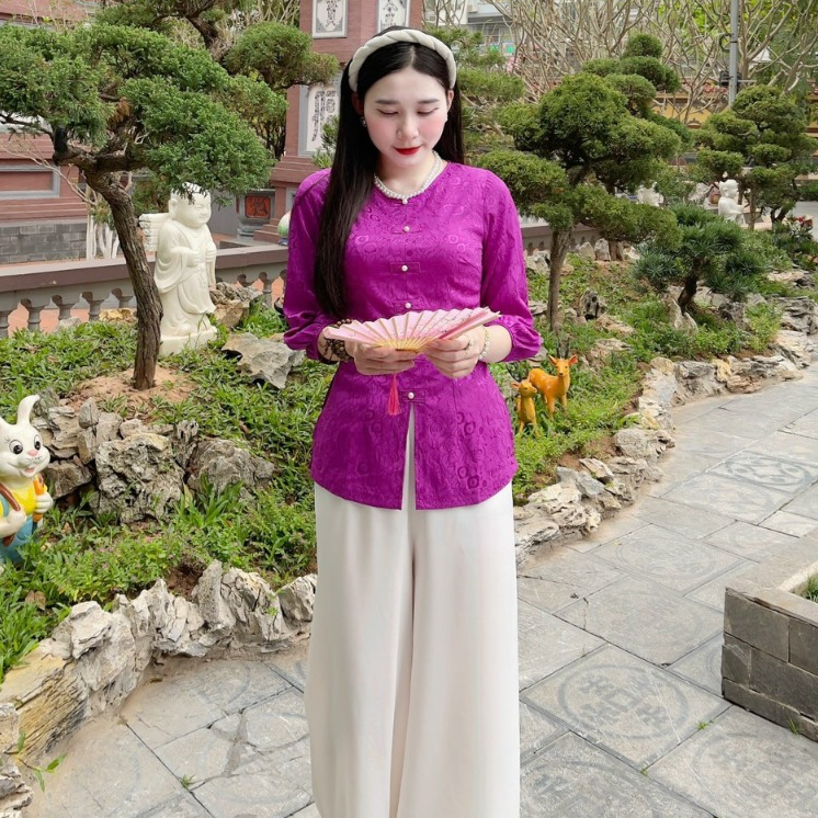 Đồ lam đi chùa cho nữ bộ pháp phục cổ tròn thêu hoa tiết phù hợp đi chùa- Mã áo lẻ