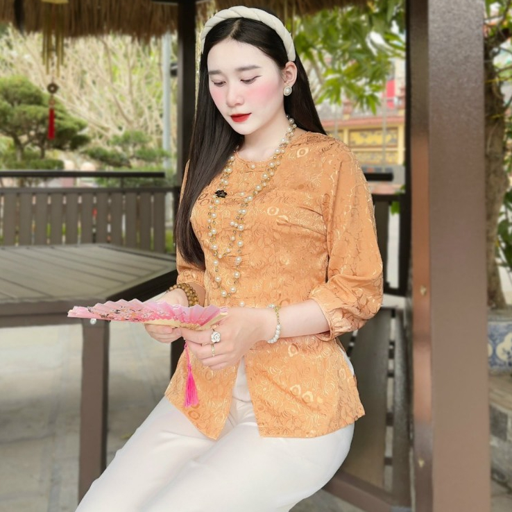 Đồ lam đi chùa cho nữ bộ pháp phục cổ tròn thêu hoa tiết phù hợp đi chùa- Mã áo lẻ