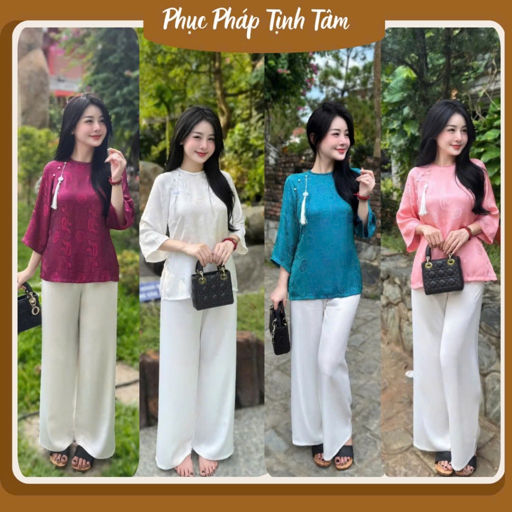 Đồ lam đi chùa Set Lụa Gấm Phượng Đằng Cổ Tết Tà Vuông Màu Pháp Phục Đồ Đi Lễ Chùa sang trọng dịu dàng