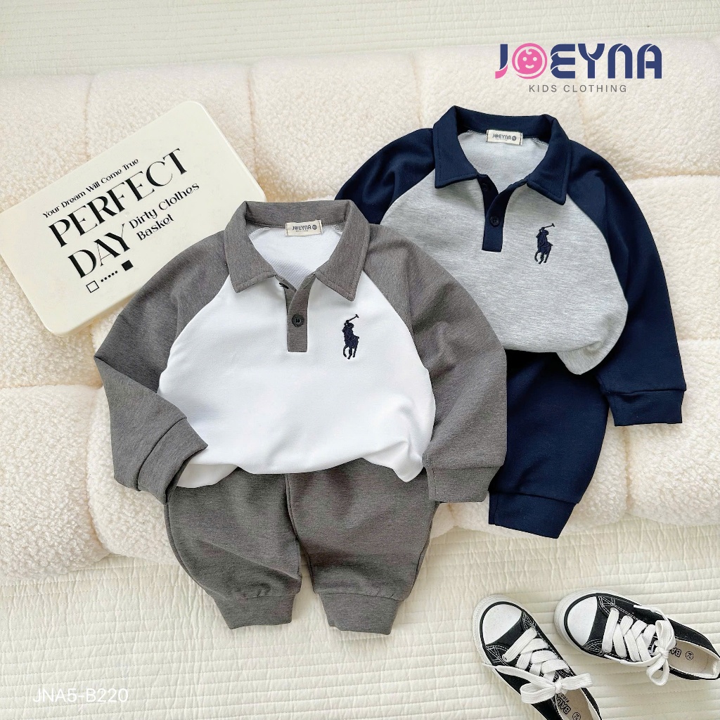 Bộ thu đông da cá thêu ngựa tay phối trơn màu basic cho bé, set bộ thu đông